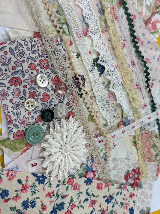 Version 2 -Small Red Chocolate Tin with Vintage Floral Fabrics, Trims & Lace