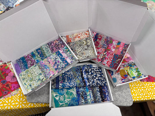 Liberty Tana Lawn colour-themed scrap boxes with hexie templates and backing fabric