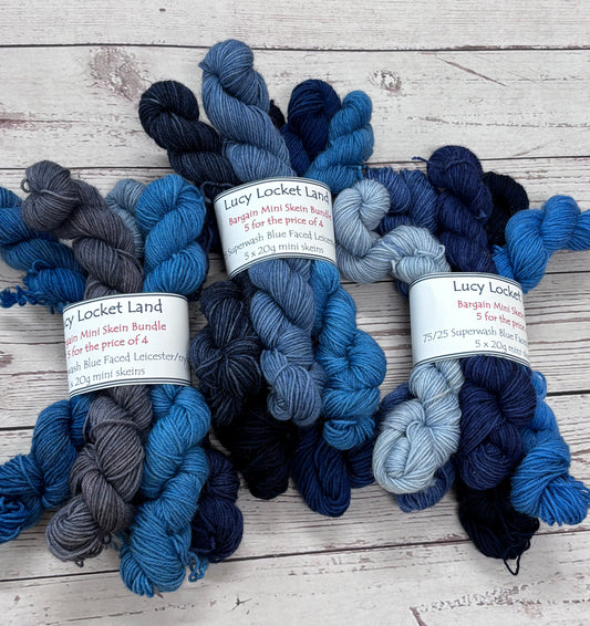 Locket’s “5 for the price of 4” Hand Dyed 4ply BFL/Nylon Sock Yarn Mini Skein Bundles