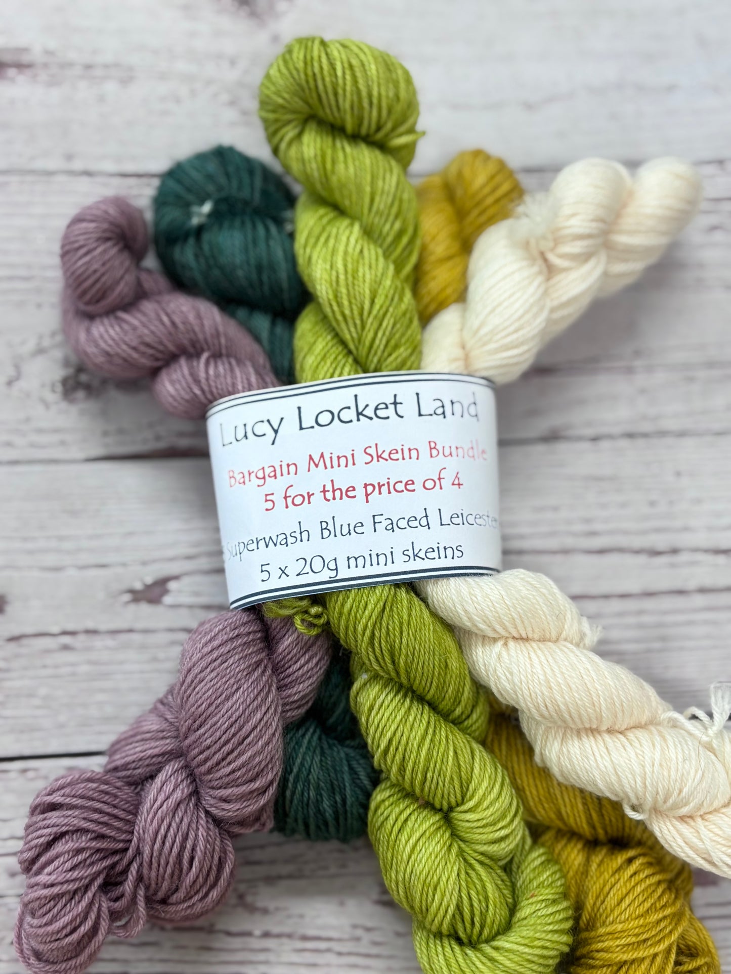 Locket’s “5 for the price of 4” Hand Dyed 4ply BFL/Nylon Sock Yarn Mini Skein Bundles