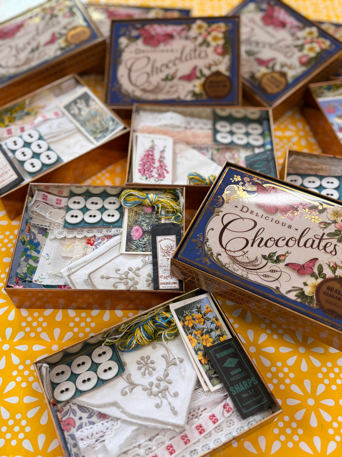 Blue Vintage Style Chocolate Tin with fabric & paper ephemera for mixed media