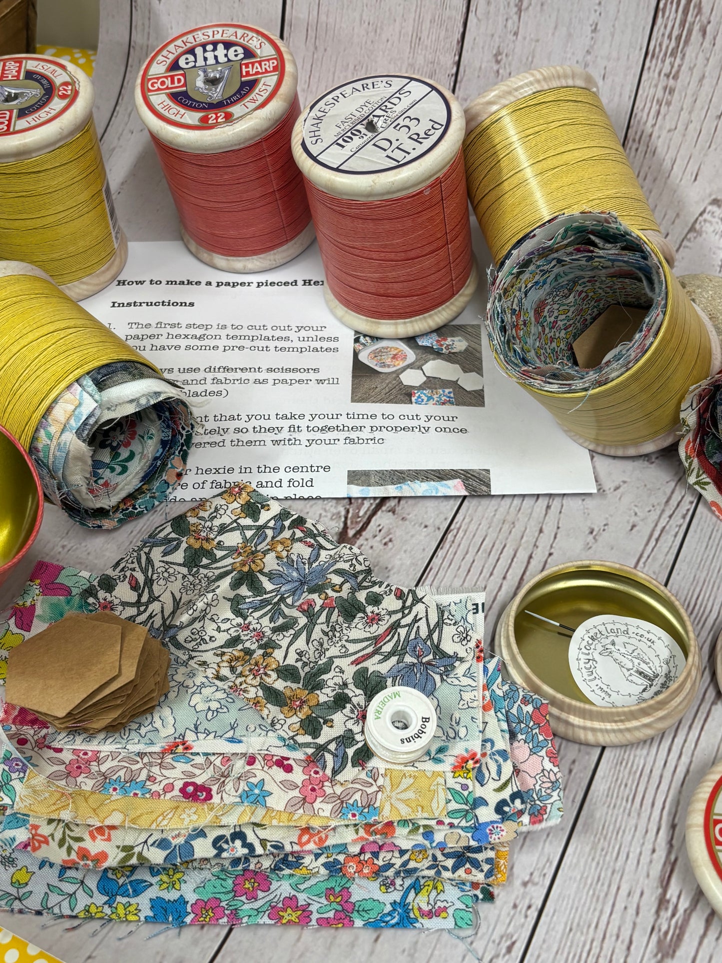 Cotton Reel Tin with Liberty Patchwork fabric & Hexie templates