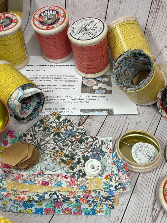 Cotton Reel Tin with Liberty Patchwork fabric & Hexie templates