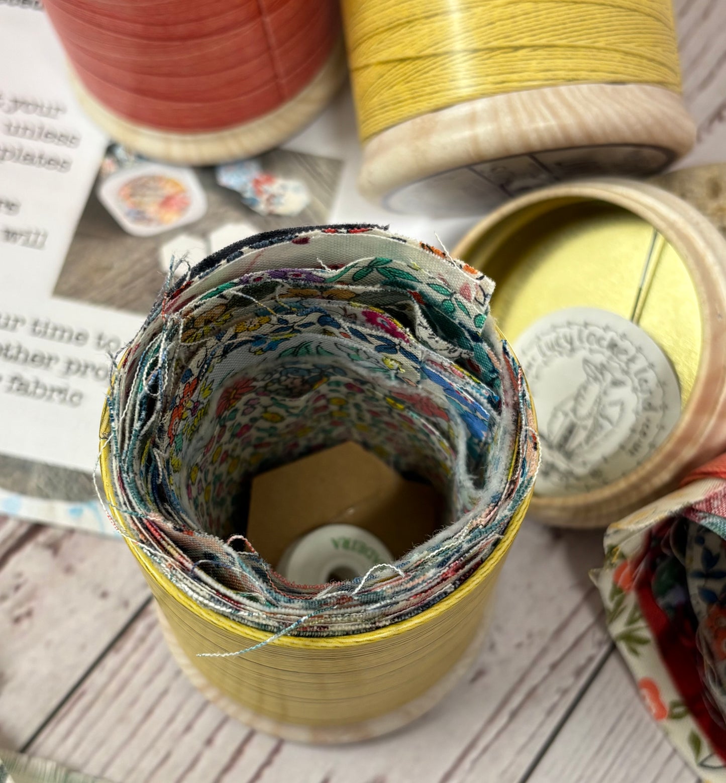 Cotton Reel Tin with Liberty Patchwork fabric & Hexie templates