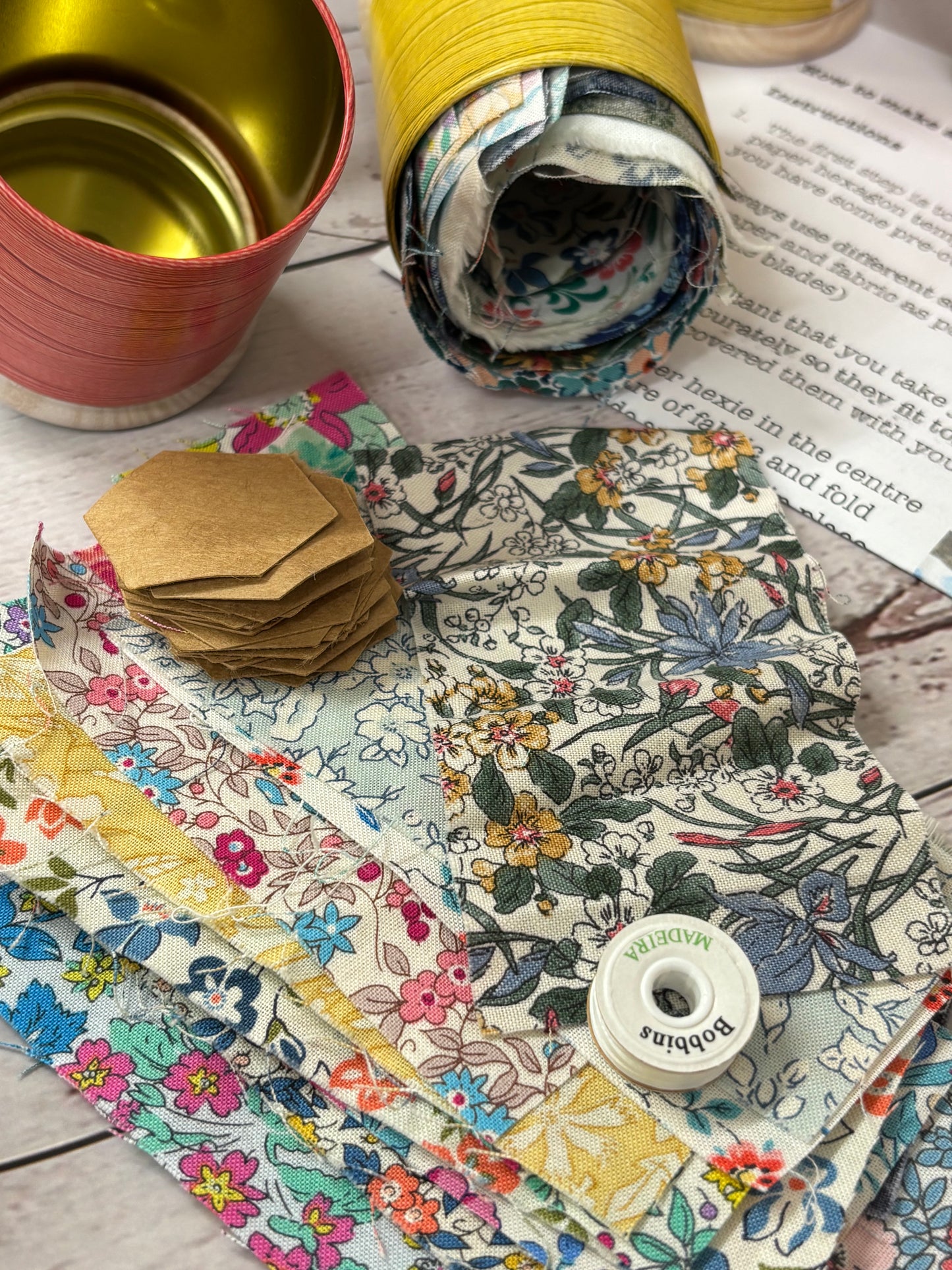 Cotton Reel Tin with Liberty Patchwork fabric & Hexie templates