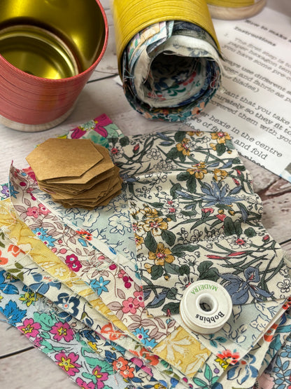 Cotton Reel Tin with Liberty Patchwork fabric & Hexie templates