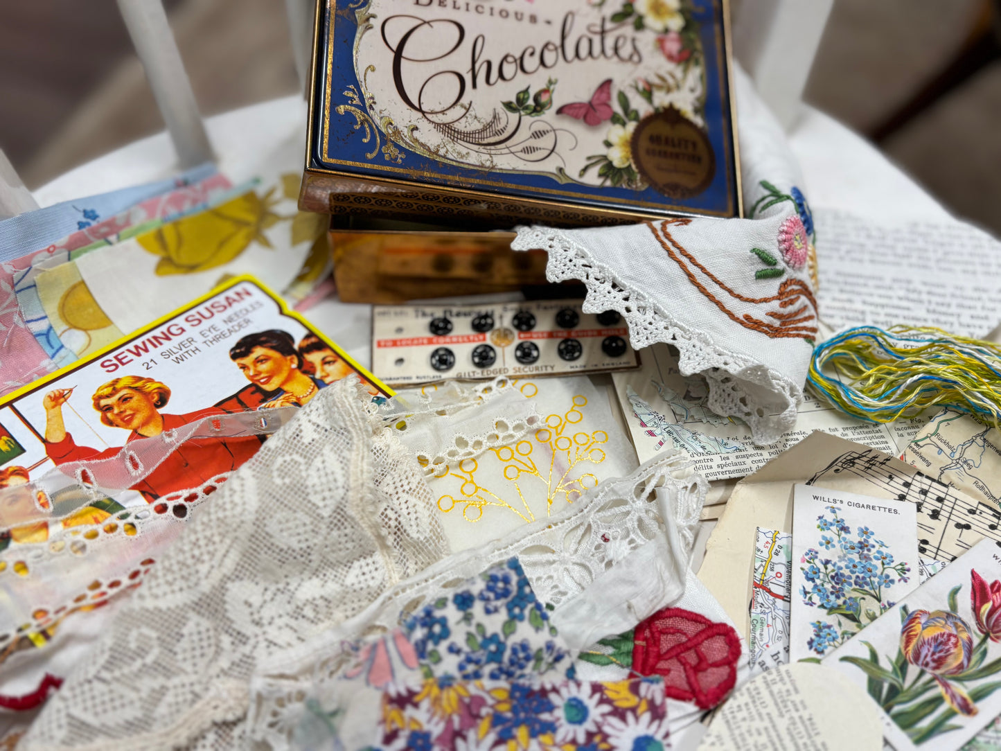 Blue Vintage Style Chocolate Tin with fabric & paper ephemera for mixed media