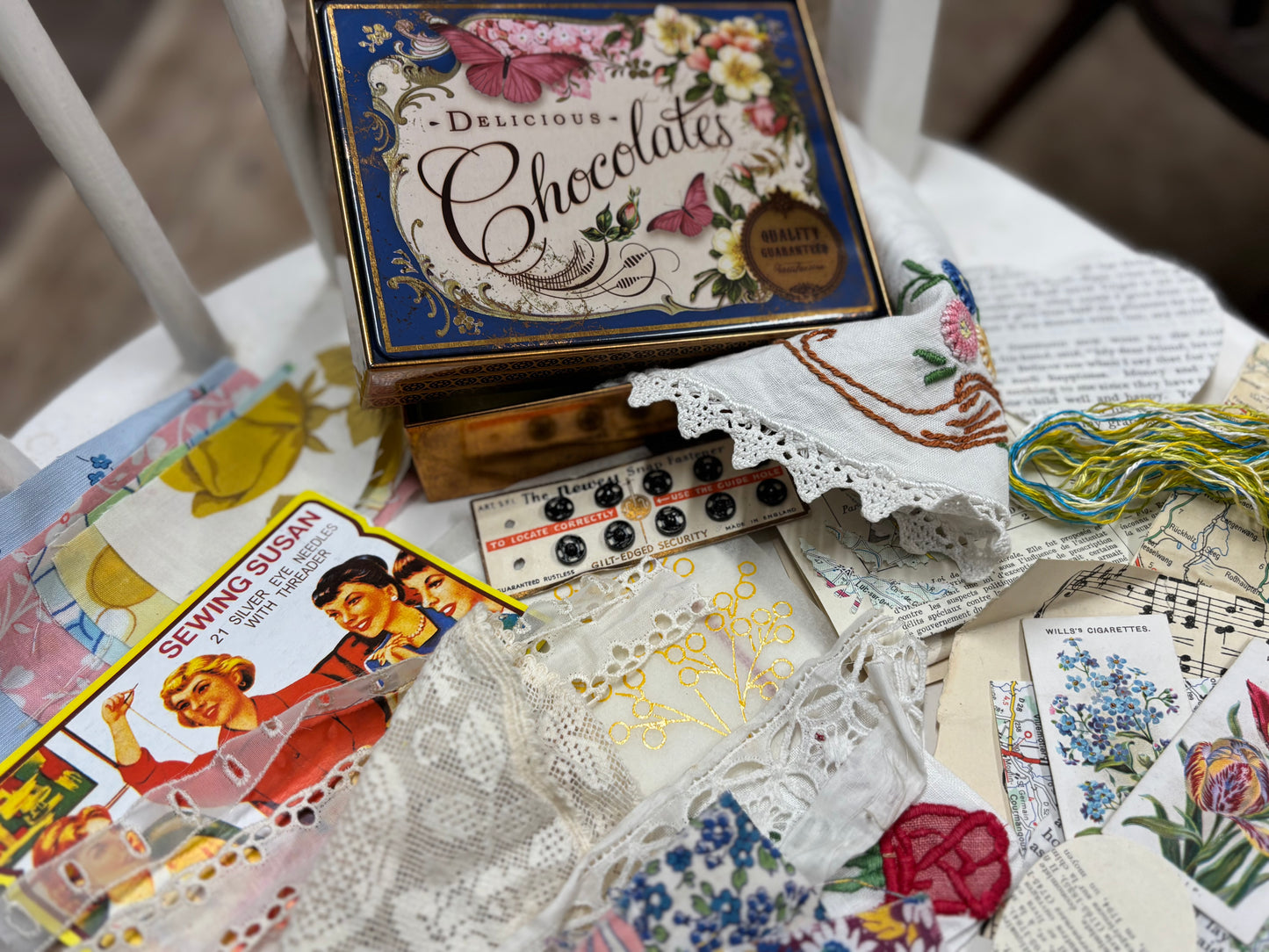 Blue Vintage Style Chocolate Tin with fabric & paper ephemera for mixed media
