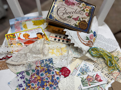 Blue Vintage Style Chocolate Tin with fabric & paper ephemera for mixed media