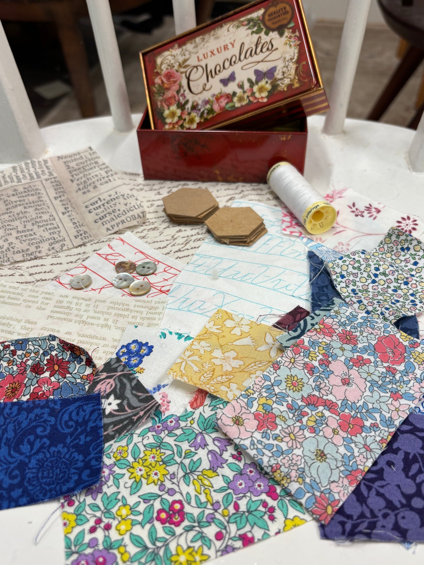 Small Red Vintage Style Chocolate Tin with Liberty Hexie Patchwork Kit
