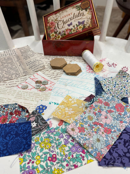 Small Red Vintage Style Chocolate Tin with Liberty Hexie Patchwork Kit