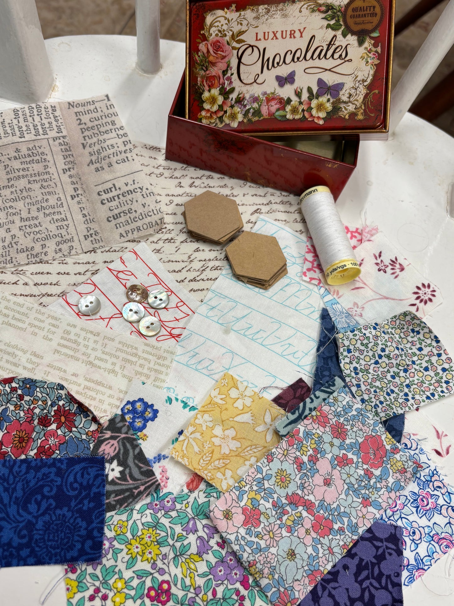 Small Red Vintage Style Chocolate Tin with Liberty Hexie Patchwork Kit