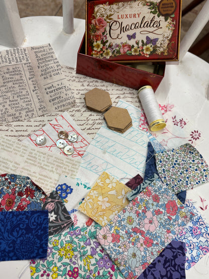Small Red Vintage Style Chocolate Tin with Liberty Hexie Patchwork Kit