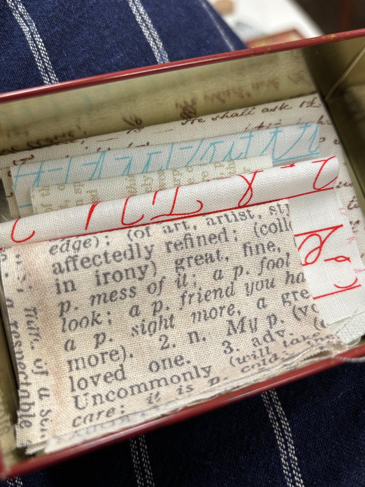 Small Red Vintage Style Chocolate Tin with Liberty Hexie Patchwork Kit