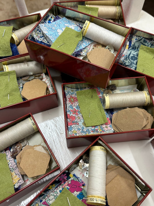 Small Red Vintage Style Chocolate Tin with Liberty Hexie Patchwork Kit
