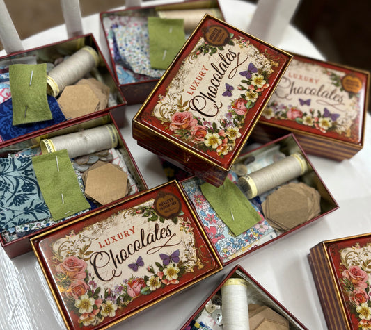 Small Red Vintage Style Chocolate Tin with Liberty Hexie Patchwork Kit