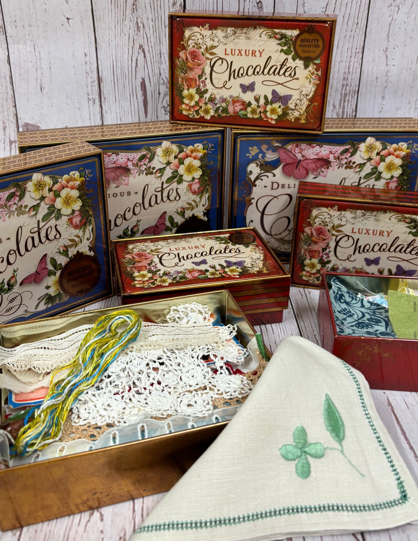 Blue Vintage Style Chocolate Tin with fabric & paper ephemera for mixed media