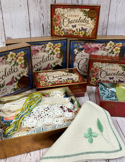 Blue Vintage Style Chocolate Tin with fabric & paper ephemera for mixed media