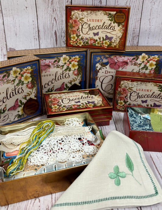 Blue Vintage Style Chocolate Tin with fabric & paper ephemera for mixed media