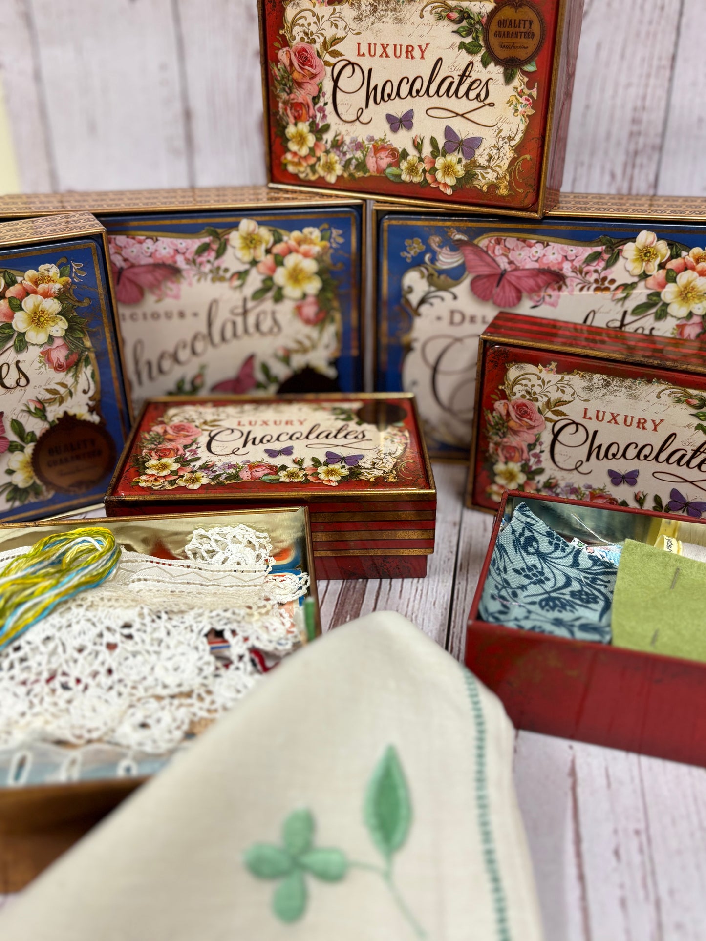 Blue Vintage Style Chocolate Tin with fabric & paper ephemera for mixed media