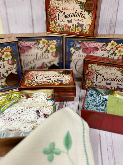 Blue Vintage Style Chocolate Tin with fabric & paper ephemera for mixed media