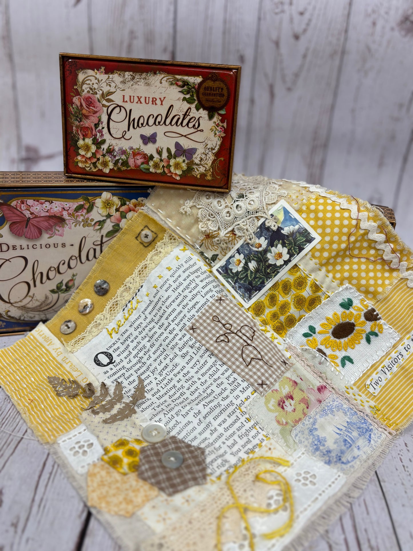 Blue Vintage Style Chocolate Tin with fabric & paper ephemera for mixed media