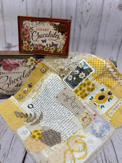 Blue Vintage Style Chocolate Tin with fabric & paper ephemera for mixed media