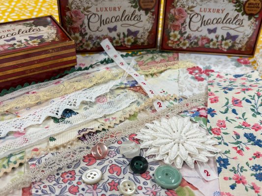 Version 2 -Small Red Chocolate Tin with Vintage Floral Fabrics, Trims & Lace