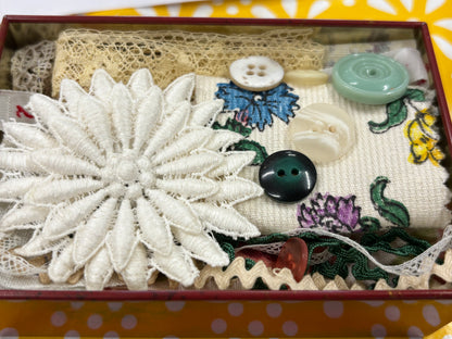 Version 2 -Small Red Chocolate Tin with Vintage Floral Fabrics, Trims & Lace