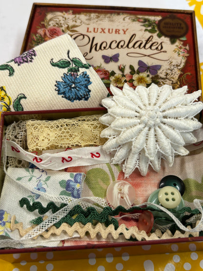 Version 2 -Small Red Chocolate Tin with Vintage Floral Fabrics, Trims & Lace